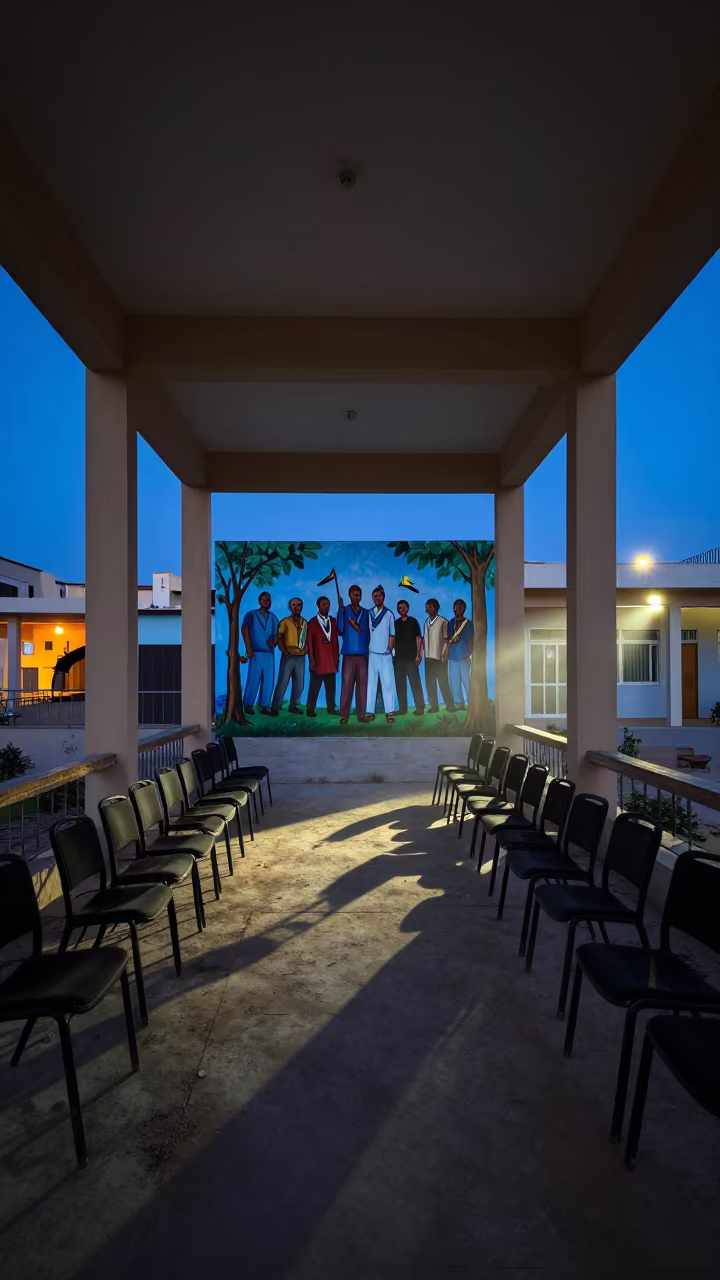 Mural Behind Chairs in Batna Courridor in in a courthouse corridor in Batna