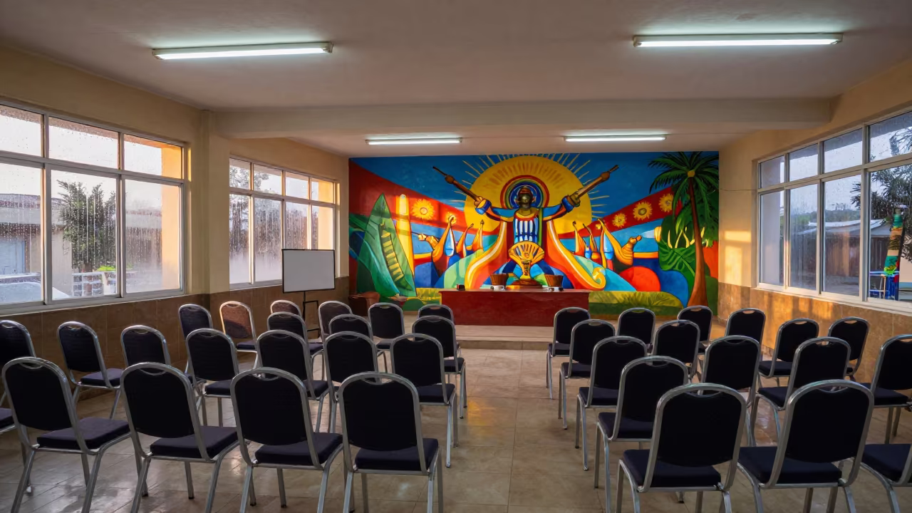 Mural and Chairs in Addis Ababa Town Hall in in a fluorescent town hall meeting room near Addis Ababa