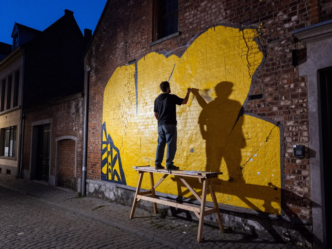 Mural Painting in Brussels at The Predawn Darkness Light in in Brussels, Belgium