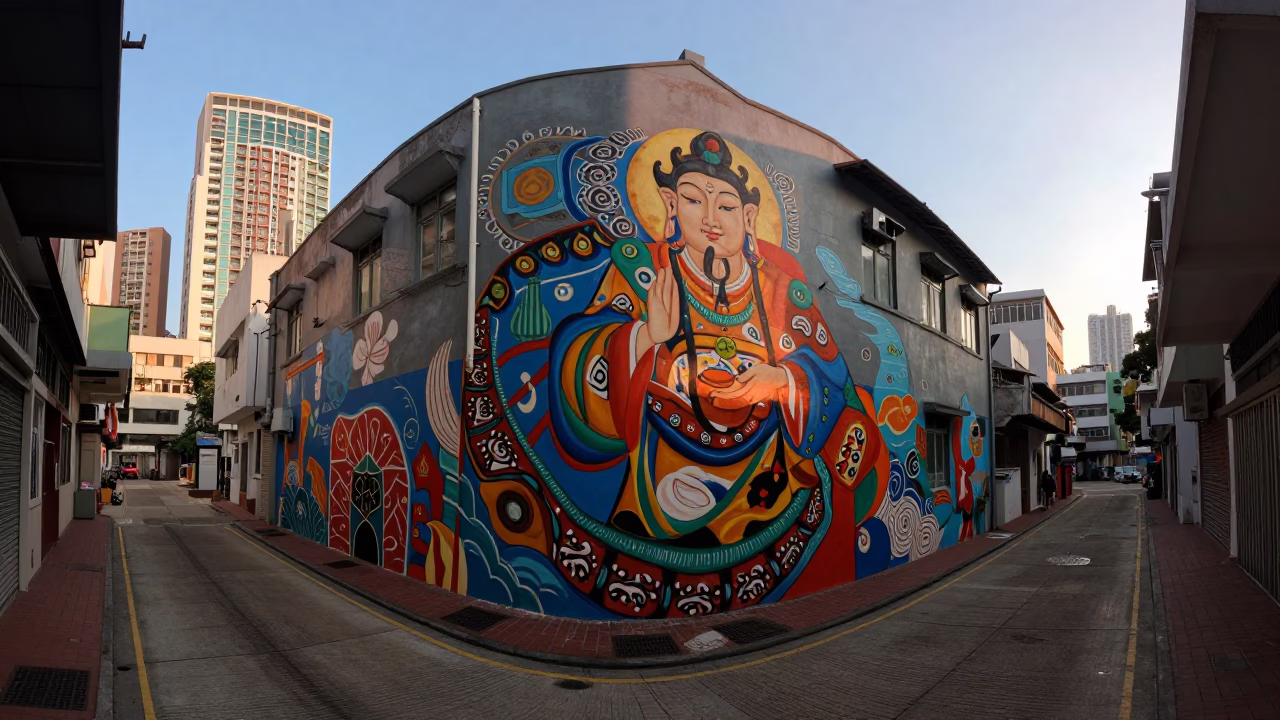 Mural Painting in Hong Kong at First Light Of Dawn in in Hong Kong, Hong Kong