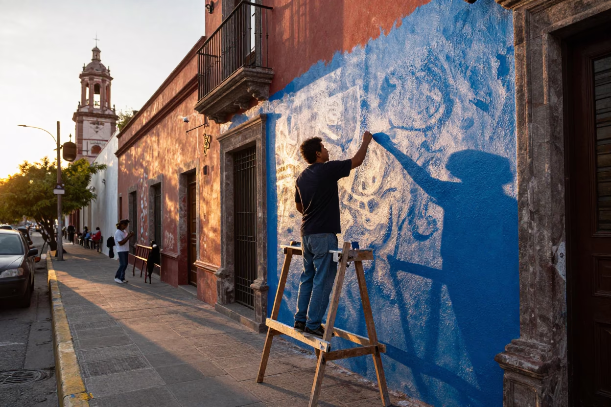 Mural Painting in Mexico City at Sunset Light in in Mexico City, Mexico