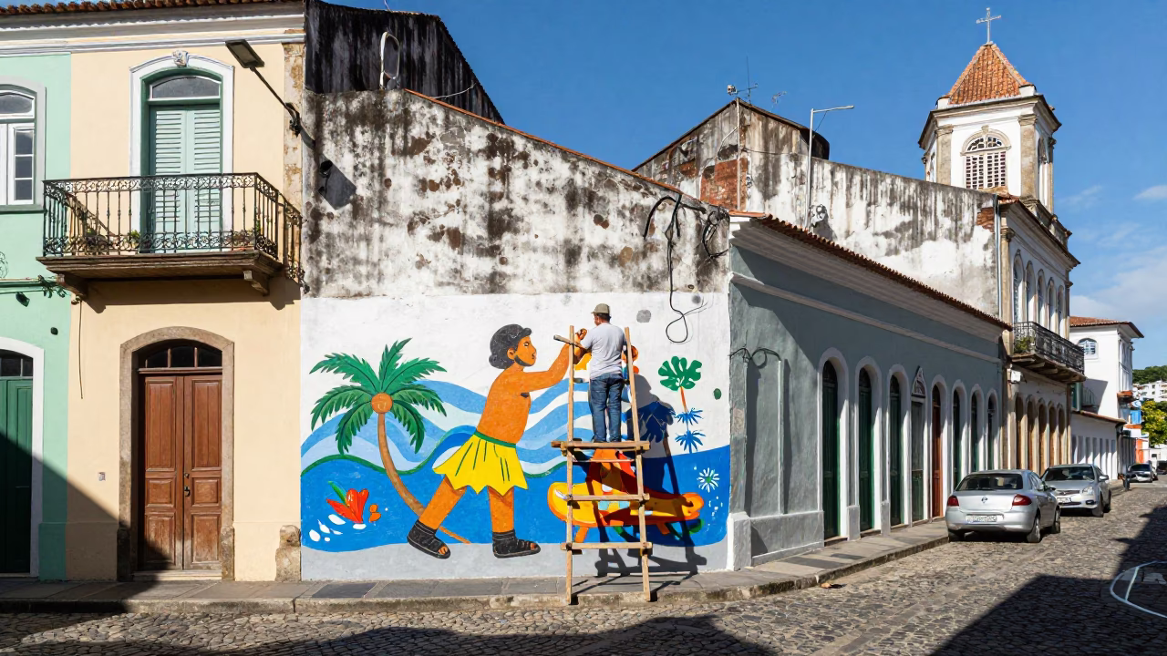 Mural Painting in Salvador at Bright Midmorning Light in in Salvador, Brazil