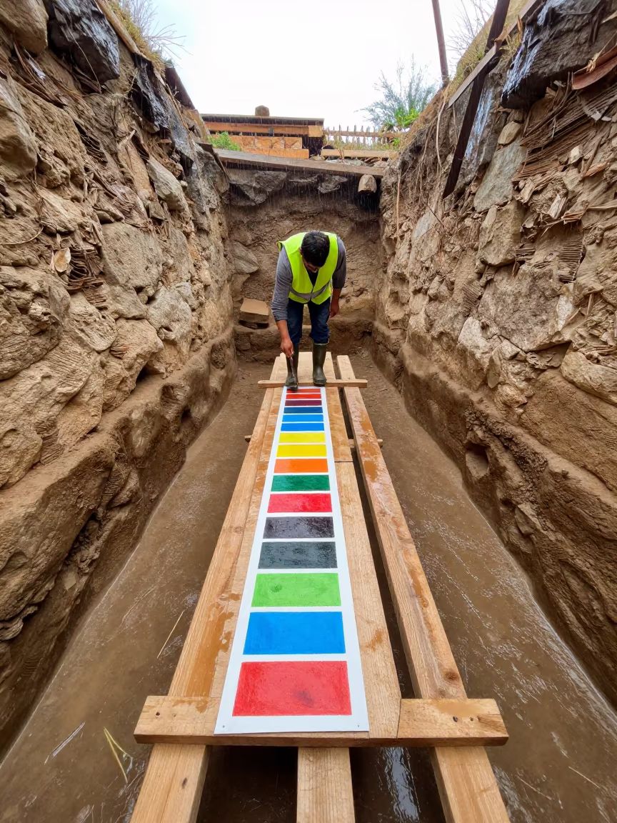 Muralist arranging color studies on scaffold plank in inside a taped-off excavation edge in Greece