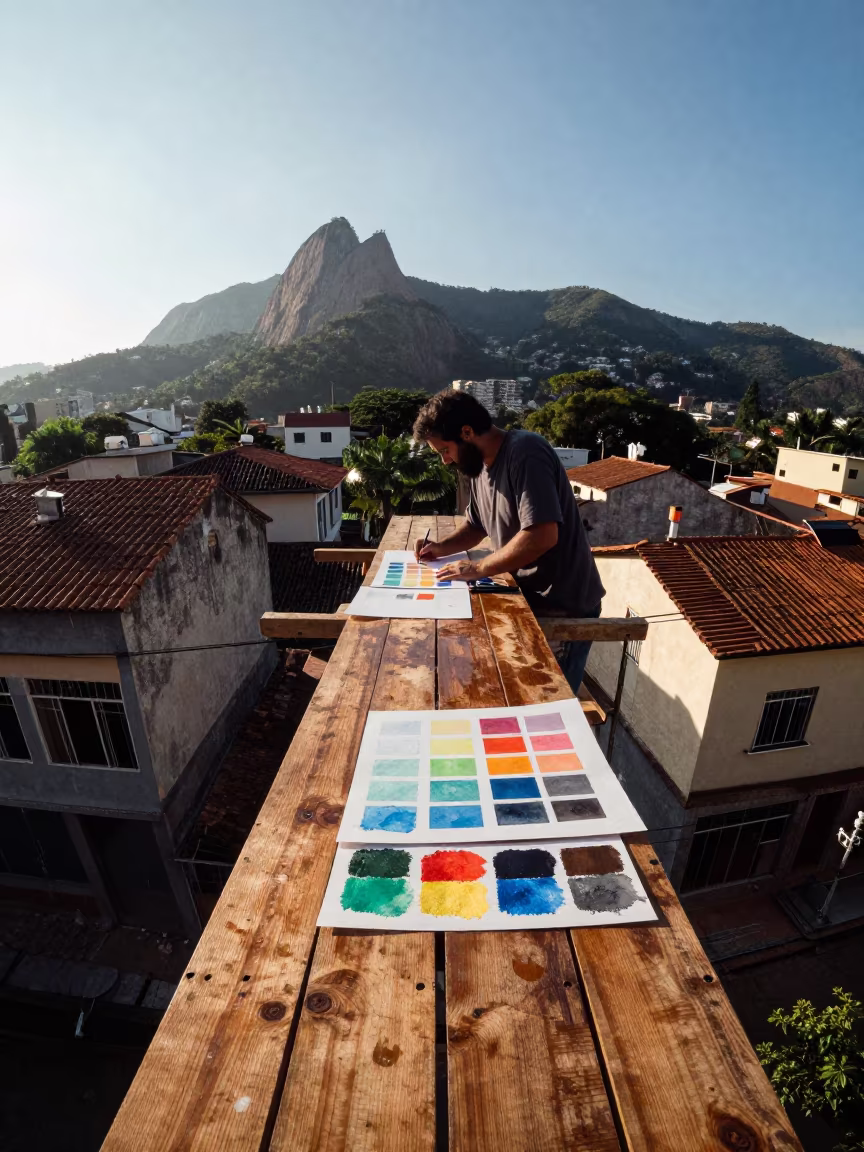 Muralist Arranging Paint Samples on Scaffold in along a scaffolded facade in Rio Grande do Sul