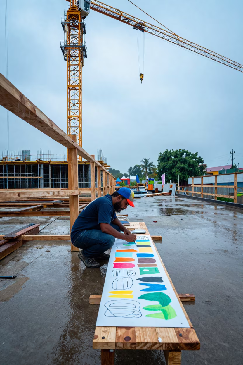 Muralist Color Studies Under Crane in Rain in beneath a tower crane on open ground in Grenada