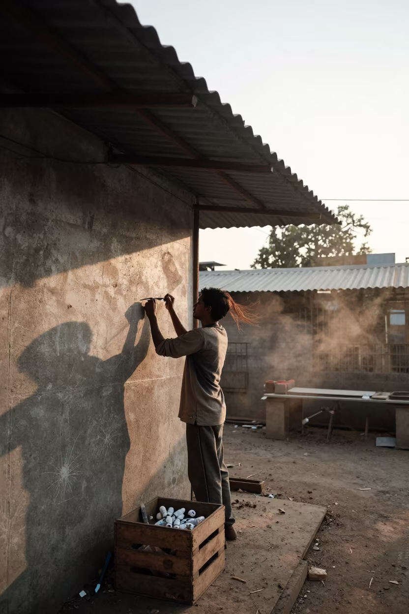 Muralist in Dawn Light at Jalgaon Workshop in at a public square in Jalgaon