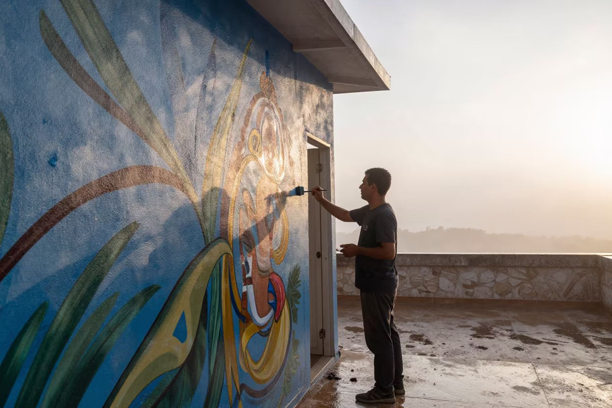Muralist Detail Work Dawn After Rain Nabatieh in in Nabatieh