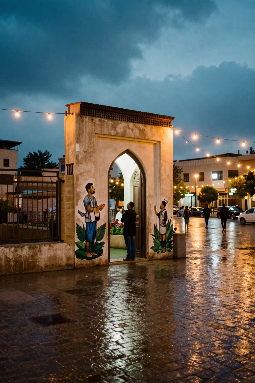Muralist Gazing at Doorway After Rain in at a public square in Az Zubayr