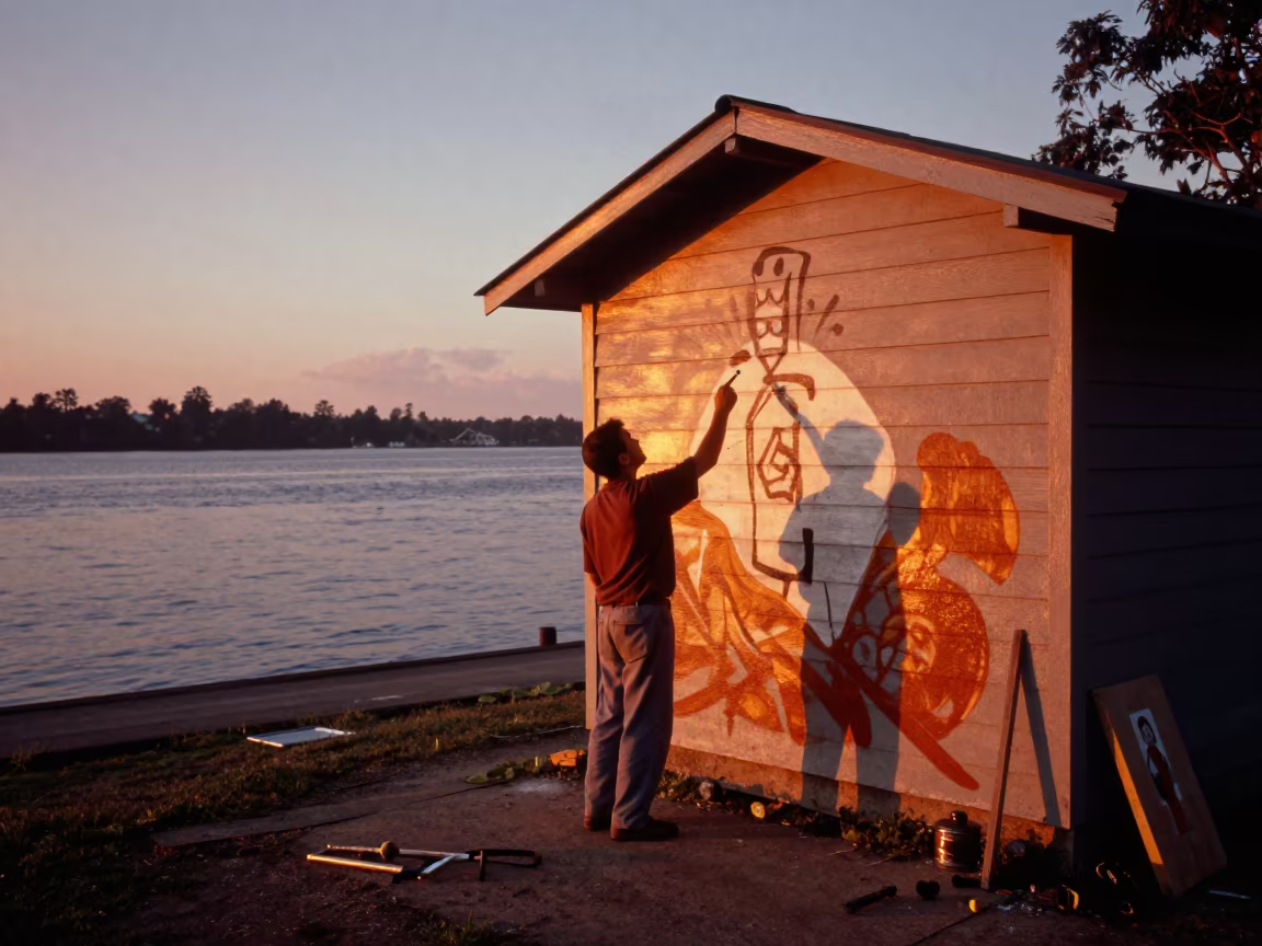 Muralist Pausing at Gold Coast Harbor Dusk in at a harbor edge in Gold Coast