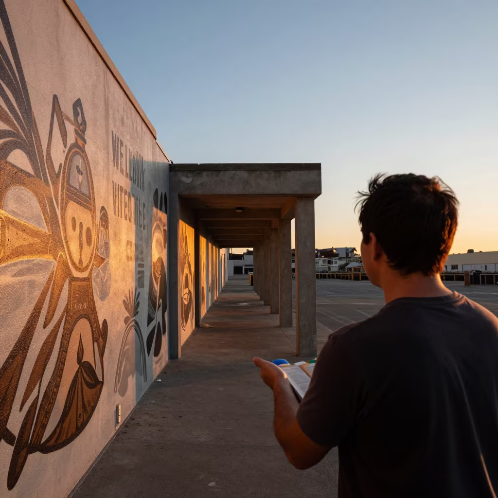 Muralist at Golden Hour Harbor Wall in by a riverbank near San Francisco