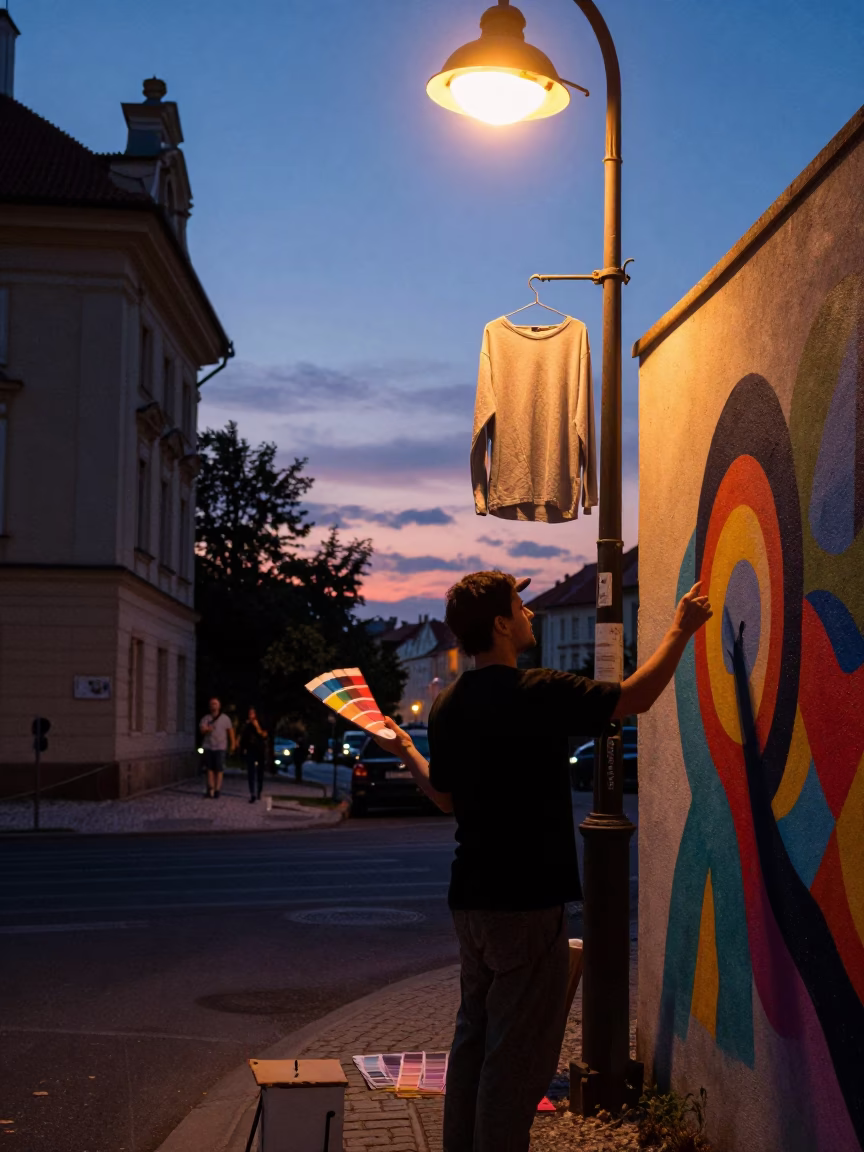 Muralist in Prague at Indigo Twilight After Sunset in in Prague, Czech Republic