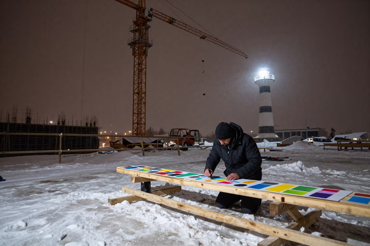Muralist Lays Color Studies Under Crane in beneath a tower crane on open ground near Bishkek