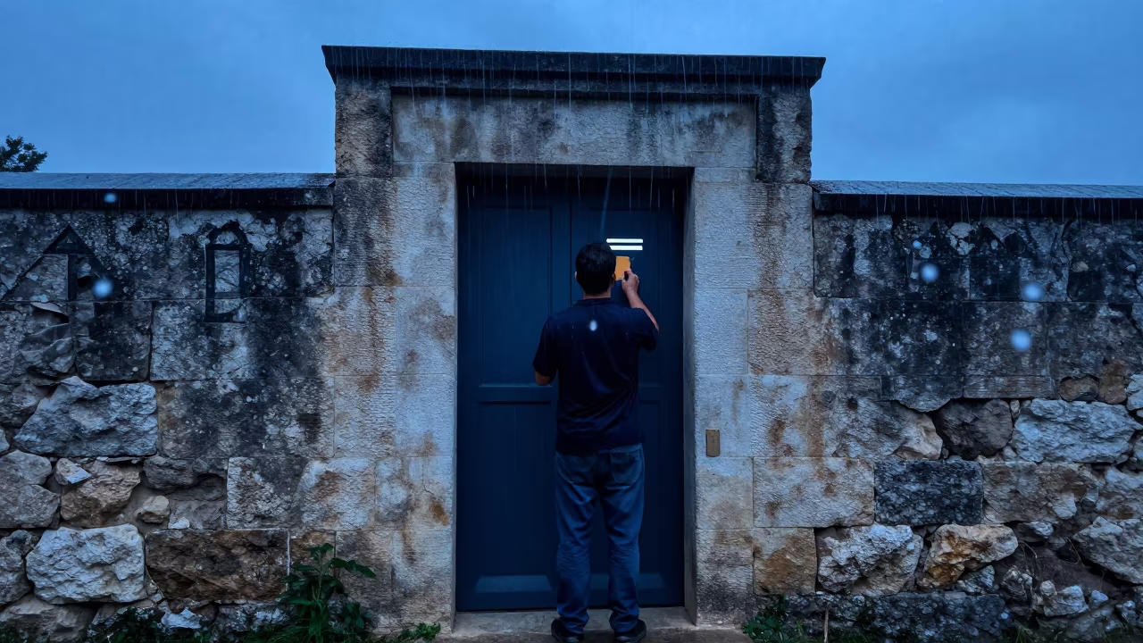 Muralist Painting Rhodes Doorway Blue Hour Rain in in Rhodes