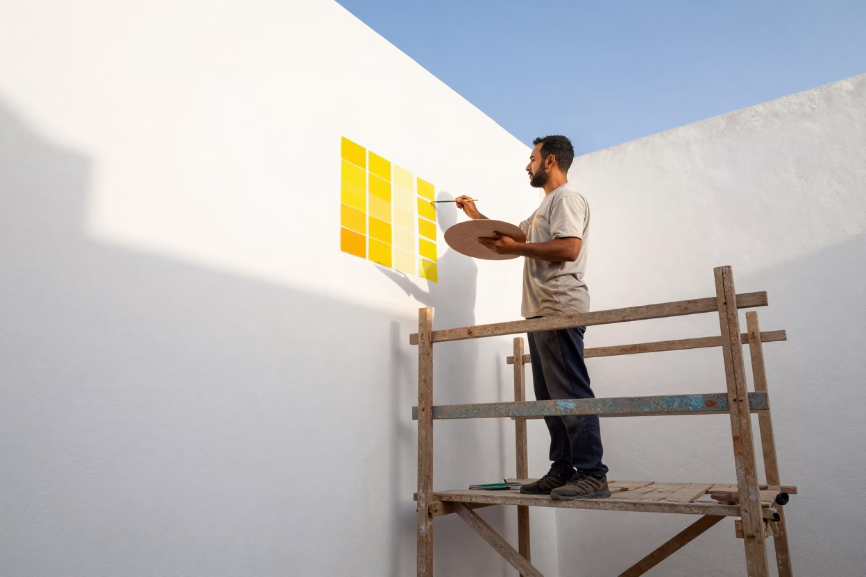 Muralist Painting Sample Swatches on Scaffold in Essaouira Morocco Late Morning in in Essaouira, Morocco