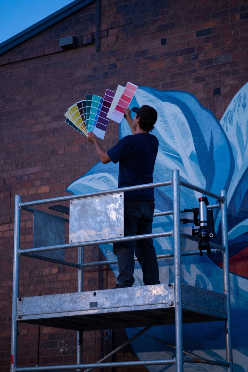 Muralist Painting Sample Swatches on Scaffold in Hobart Tasmania Evening Light in in Hobart, Tasmania, Australia