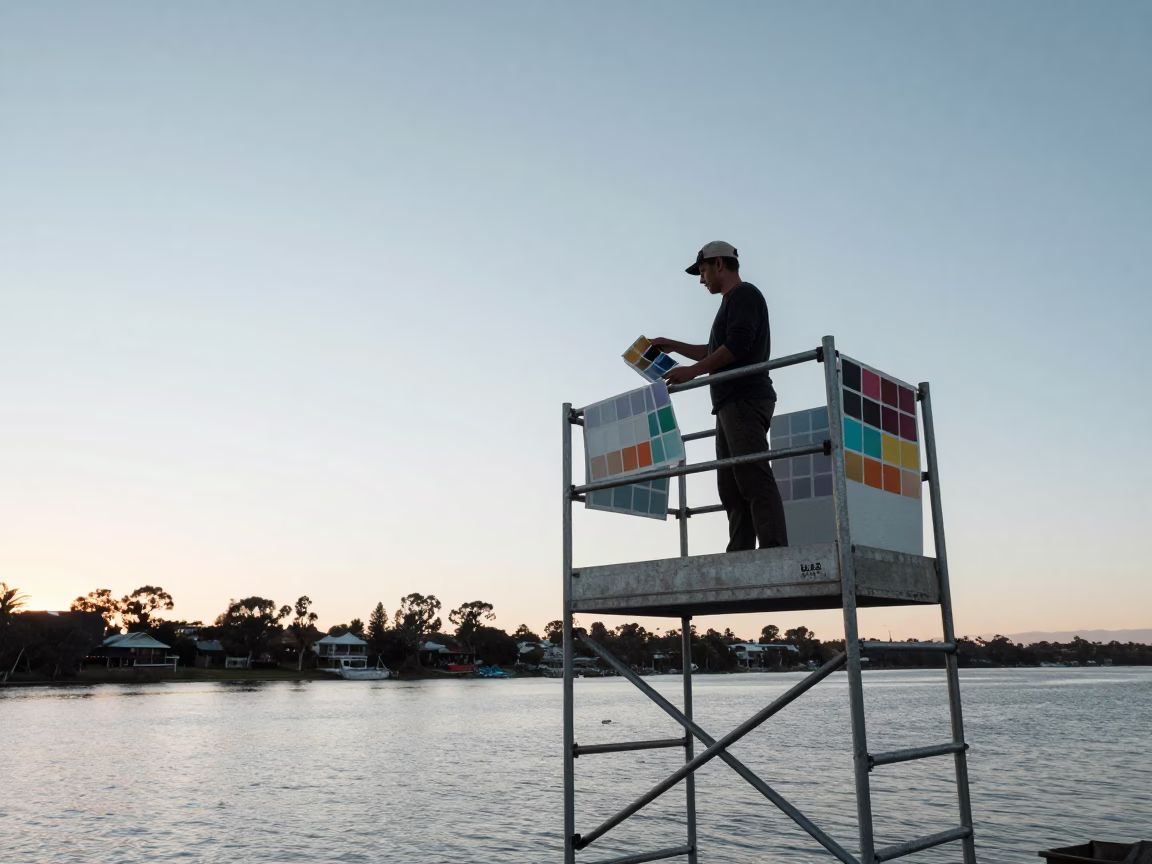 Muralist Painting Sample Swatches on Scaffold in Perth Before Sunrise in in Perth, Western Australia, Australia