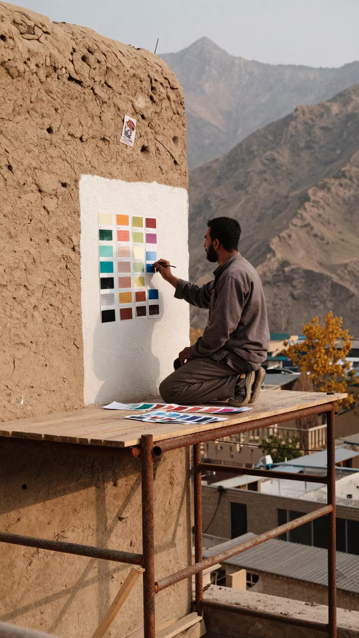 Muralist Painting Swatches on Kabul Scaffold in along a scaffolded facade near Kabul
