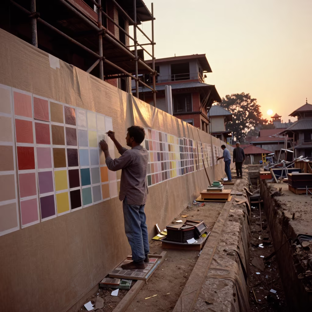 Muralist Painting Swatches on Scaffold in Nepal in inside a taped-off excavation edge in Nepal
