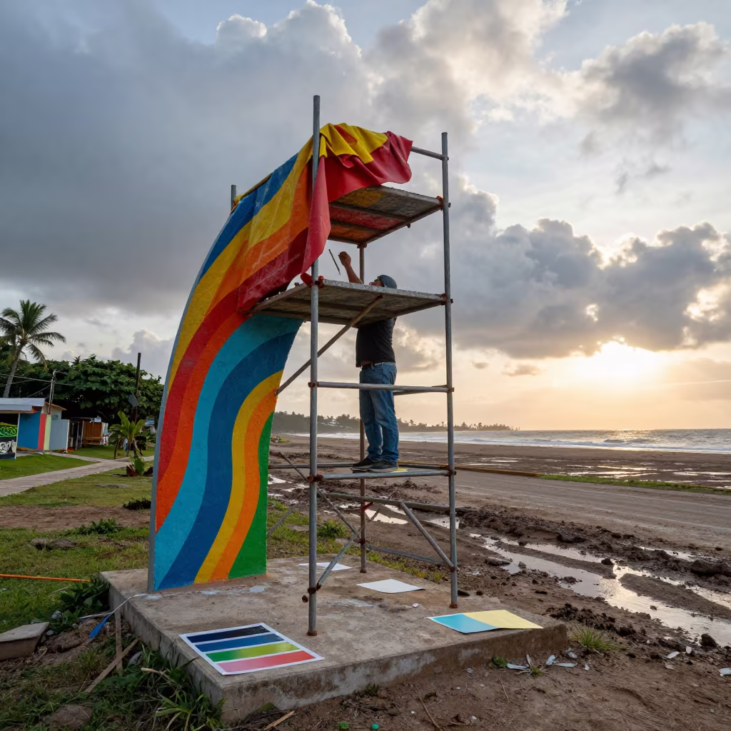 Muralist Painting Swatches on Fabric Scaffold Dawn in at a muddy site access road in Puerto Vallarta