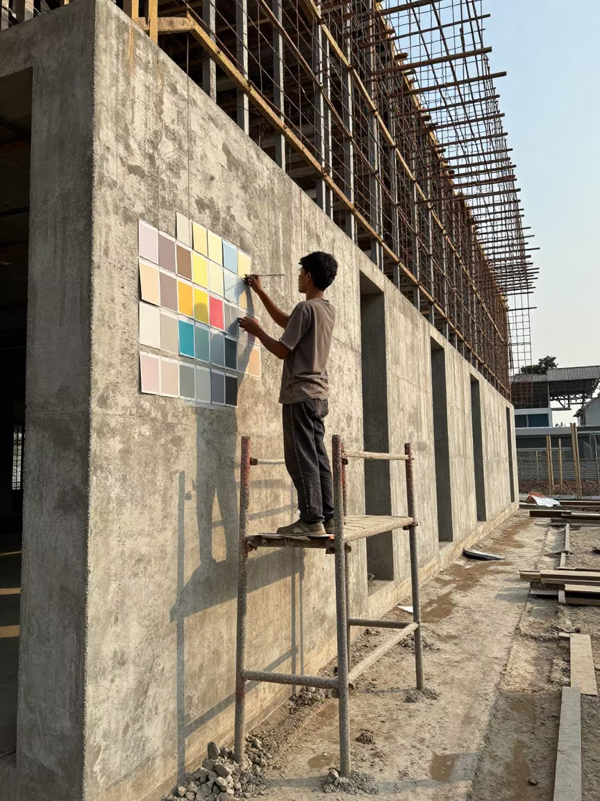 Muralist Painting Swatches on Scaffold at BKK1 Dawn in beside a framed building shell near BKK1, Phnom Penh