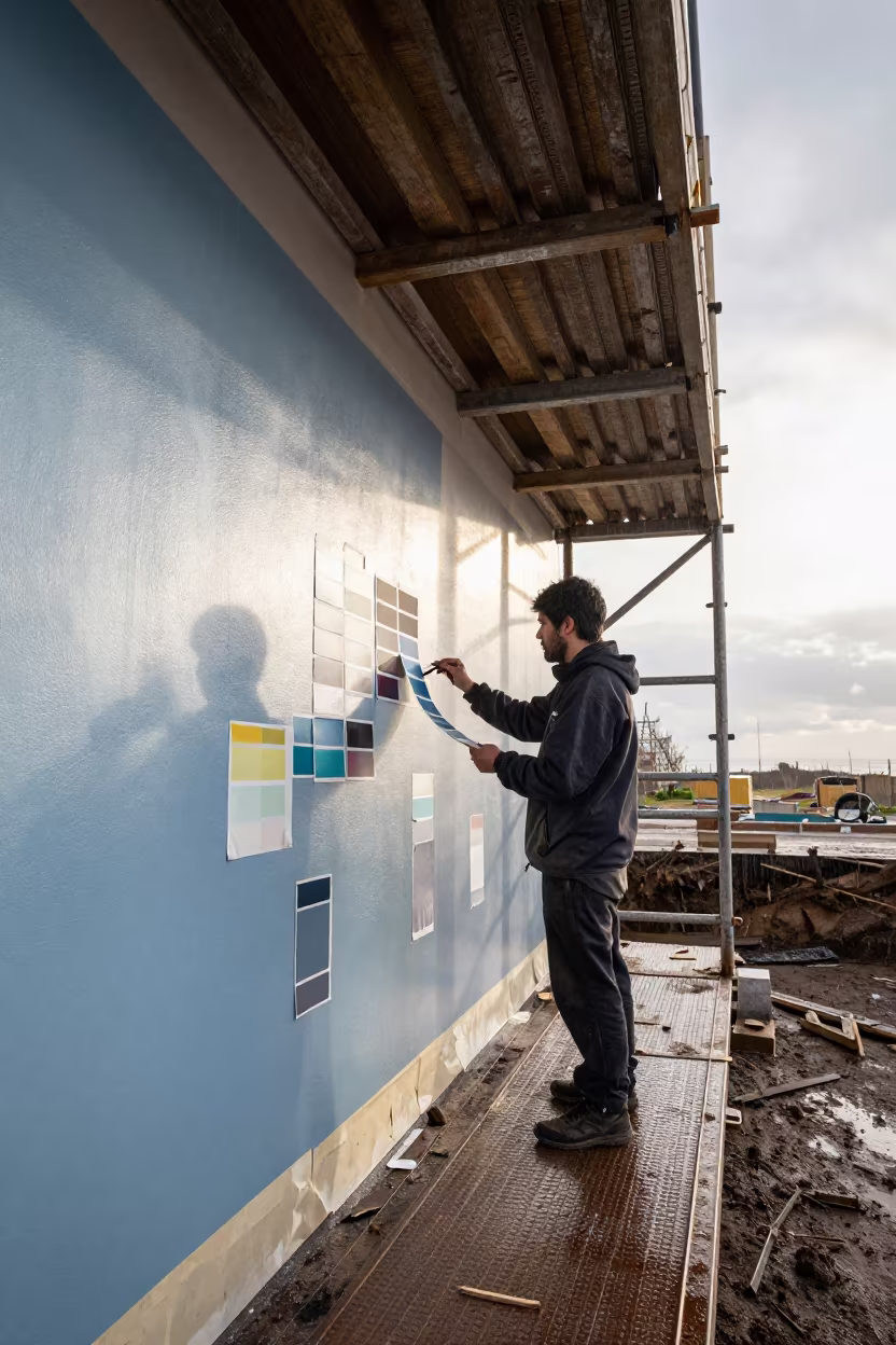 Muralist Painting Swatches on Scaffold in Danish Rain in inside a taped-off excavation edge in Denmark