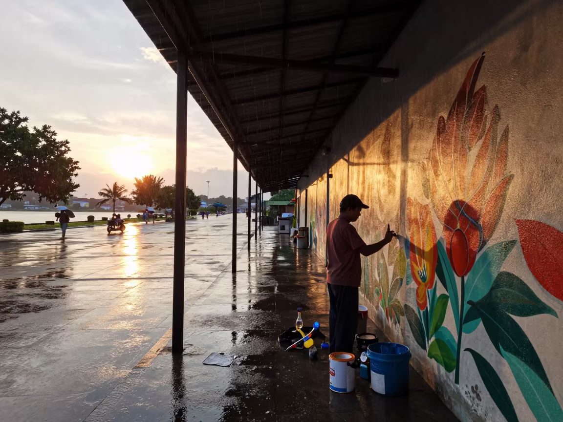 Muralist Pausing Under Shed During Iloilo Rain in at a public square in Iloilo