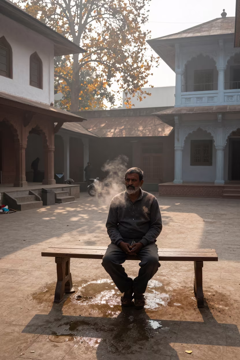 Muralist Resting Courtyard Bench Ghorahi Autumn Fog in in Ghorahi