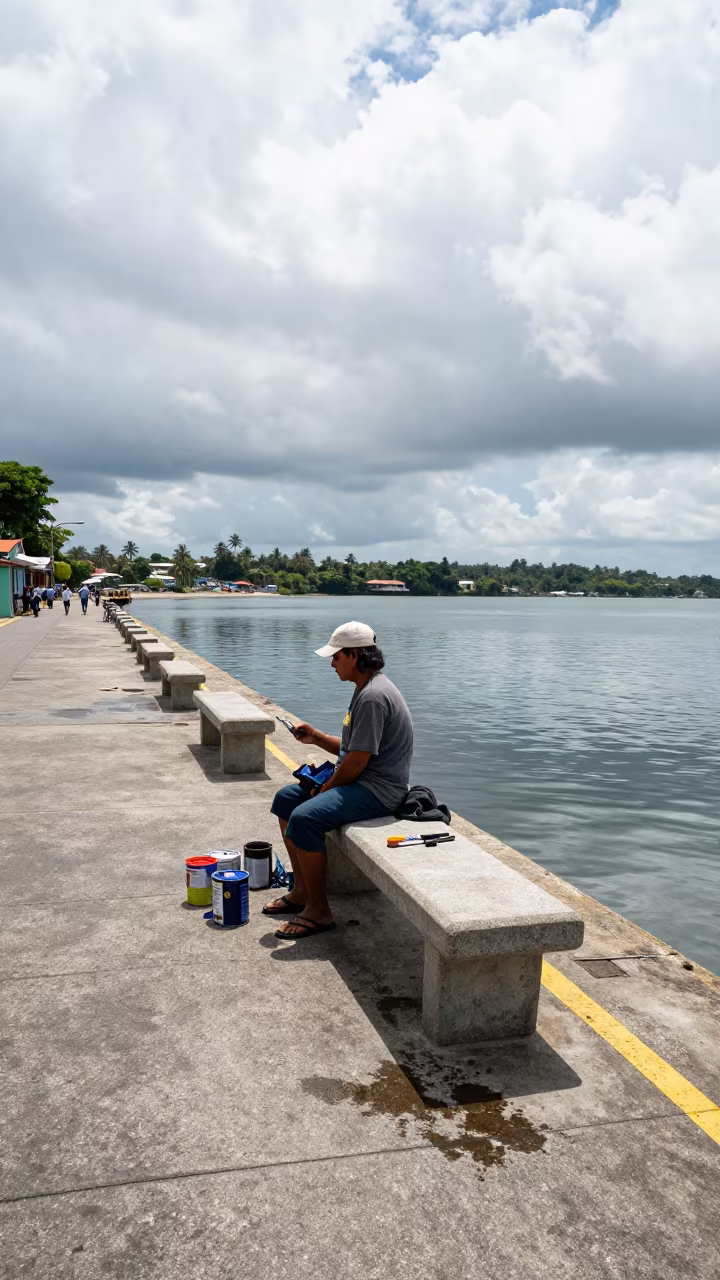 Muralist Resting at Harbor Bench After Rain in at a harbor edge in San Jose Costa Rica