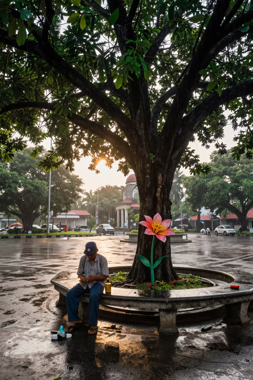 Muralist Resting Under Rain-Soaked Tree in Palembang in at a public square in Palembang