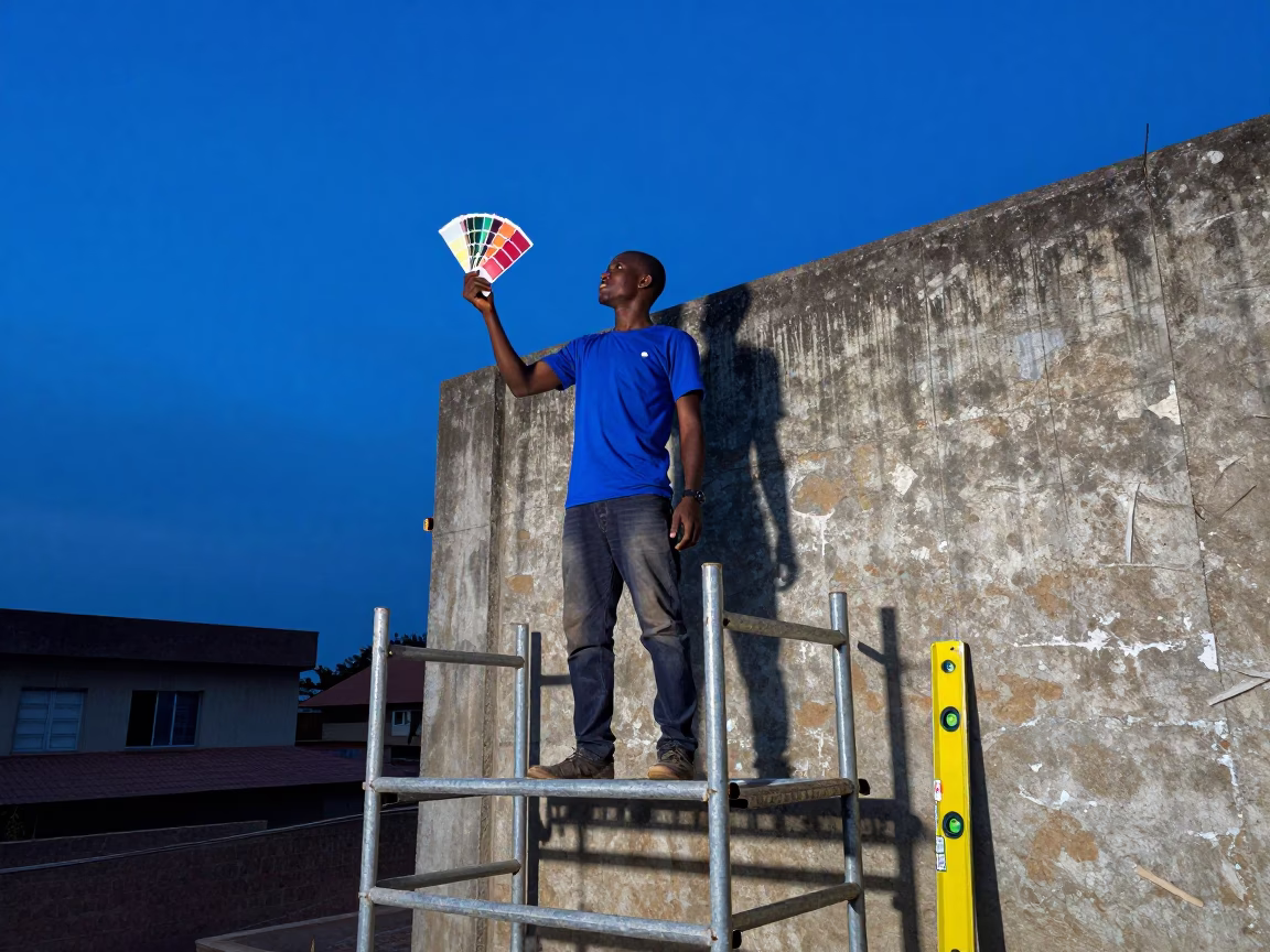 Muralist Sample Swatches and Spirit Level on Scaffold in Accra Twilight in in Accra, Ghana