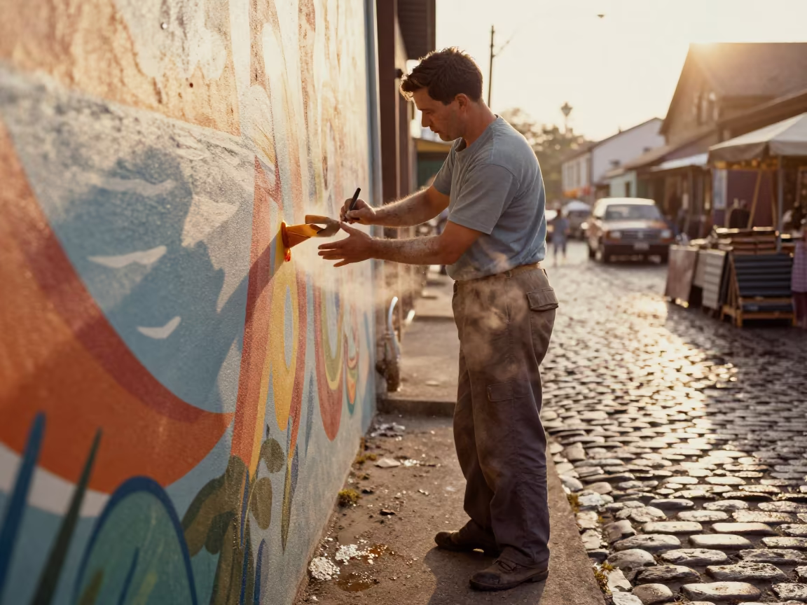 Muralist Wiping Hands in Burlington Market Lane in near Burlington