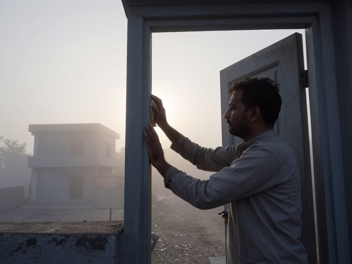 Muralist Wiping Hands at Dawn in Gojra Mist in in Gojra