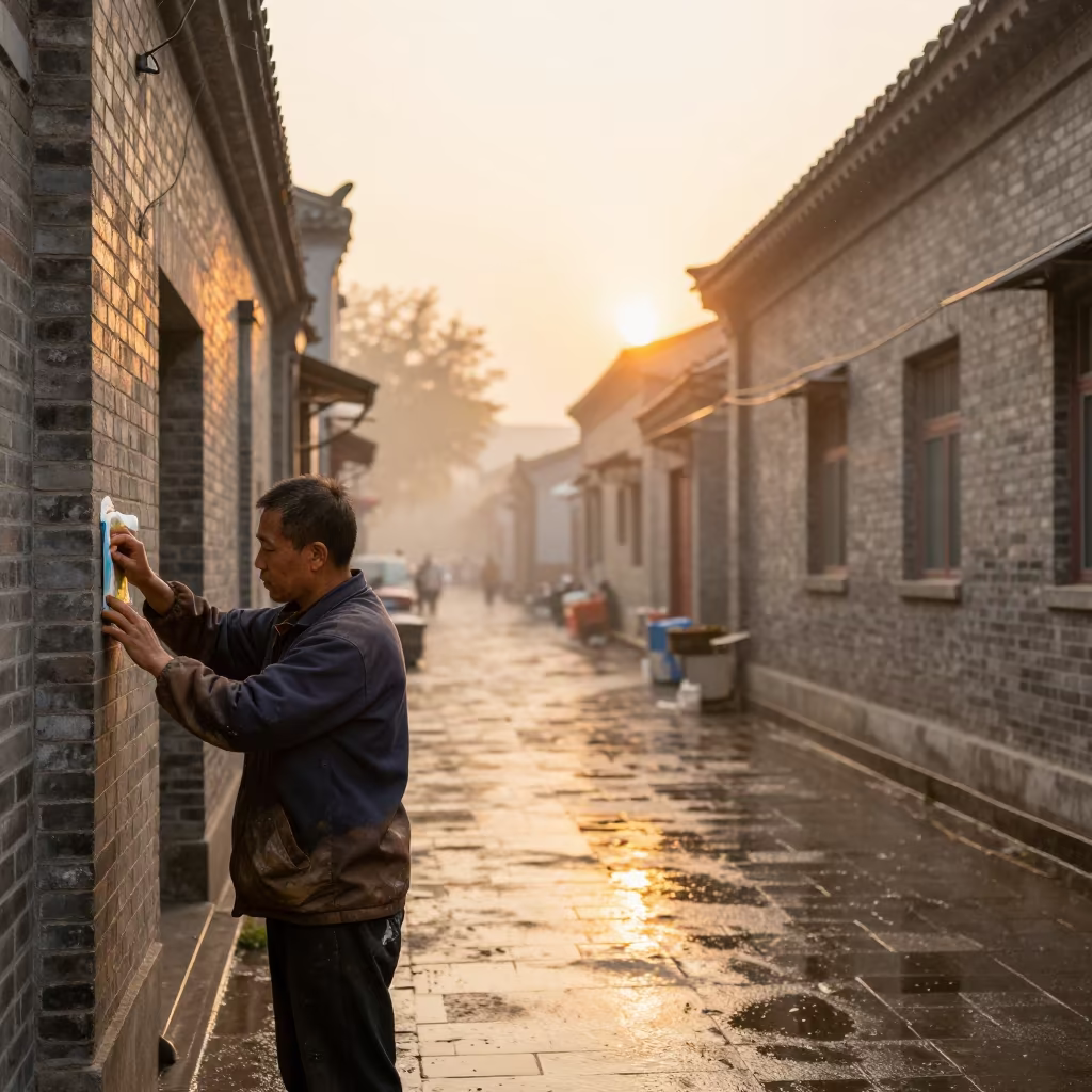 Muralist Wiping Hands in Zhengzhou Market Lane in in Zhengzhou
