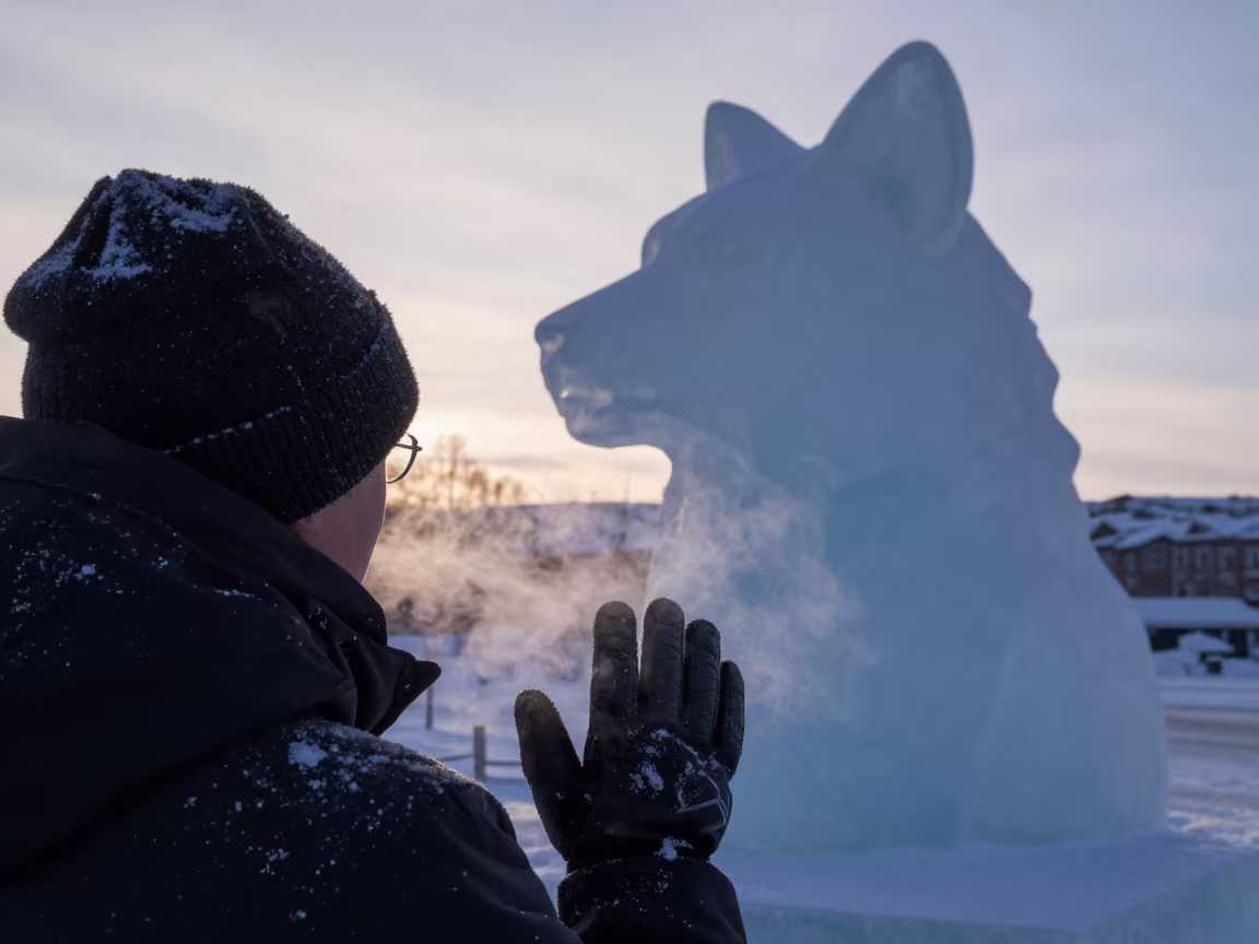 Murmansk Ice Sculptor in Midnight Sun Shadow in in Murmansk