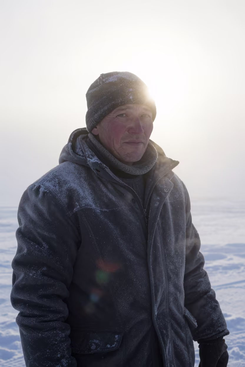 Murmansk Porter Squinting in Midnight Sun in in Murmansk