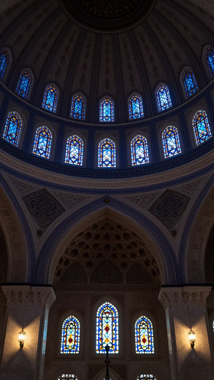 Muscat Dome Muqarnas in Pre-Dawn Stained Glass Light in in a chapel lit by stained glass in Muscat