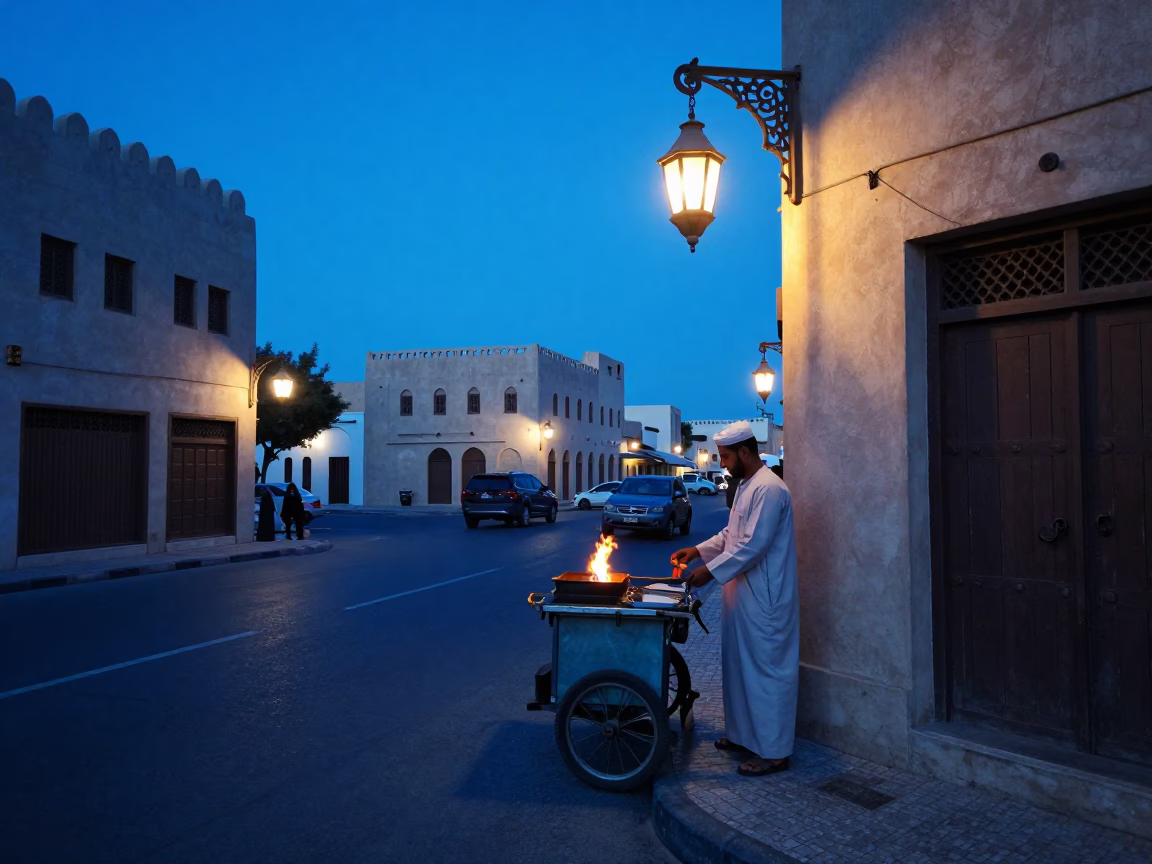 Muscat Evening Blue Hour Street Scene with Lantern and Construction in in Muscat, Oman