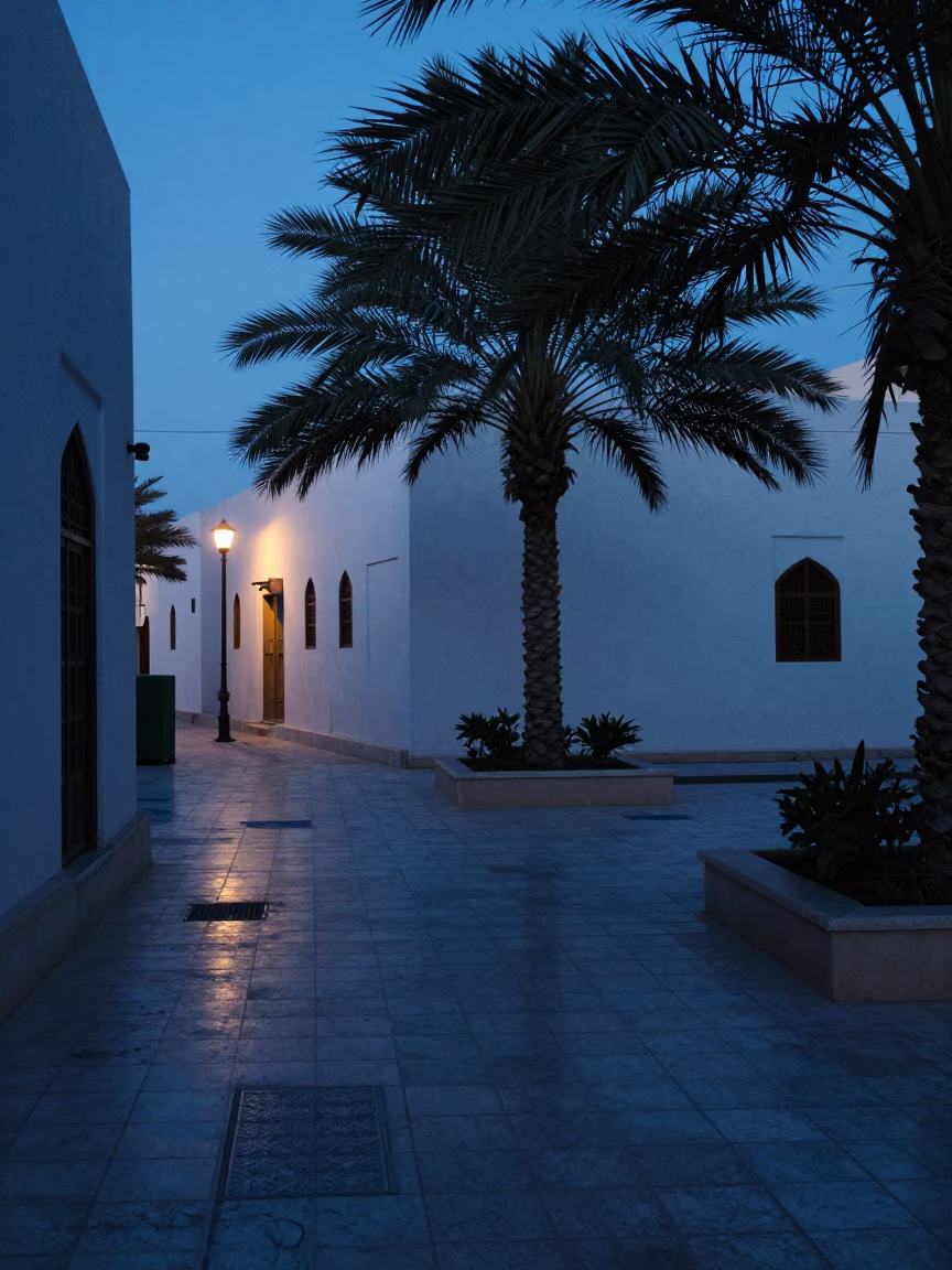 Muscat Evening Blue Hour Street Scene with Tiled Floor and Local Details in in Muscat, Oman