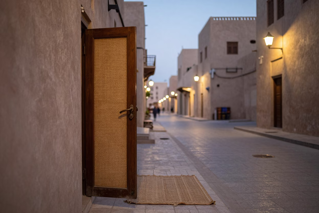 Muscat Evening Street Scene with Woven Door Mats and Iron Hooks in in Muscat, Oman