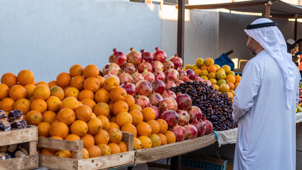 Muscat Farmers Market Fruit Display Late Afternoon in in Muscat
