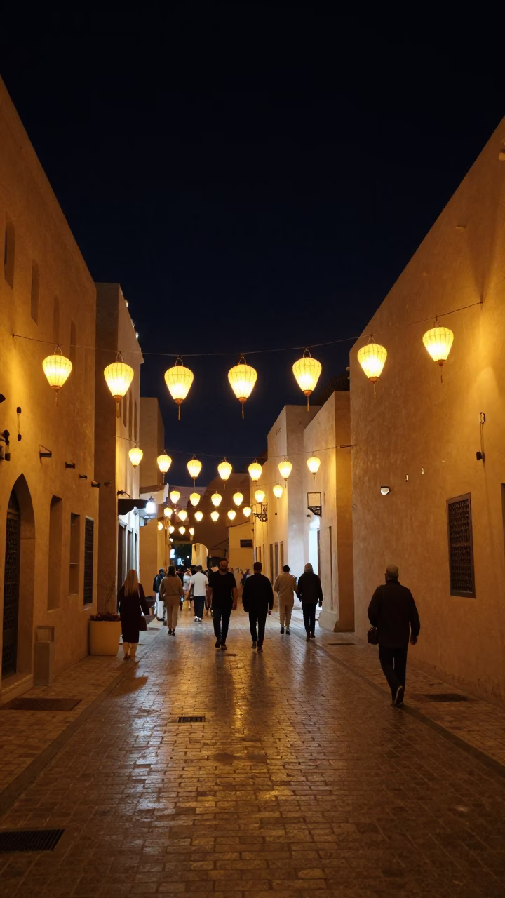 Muscat Night Street Scene with Lantern Festival Sky Lanterns Rising Over Traditional Architecture in in Muscat, Oman