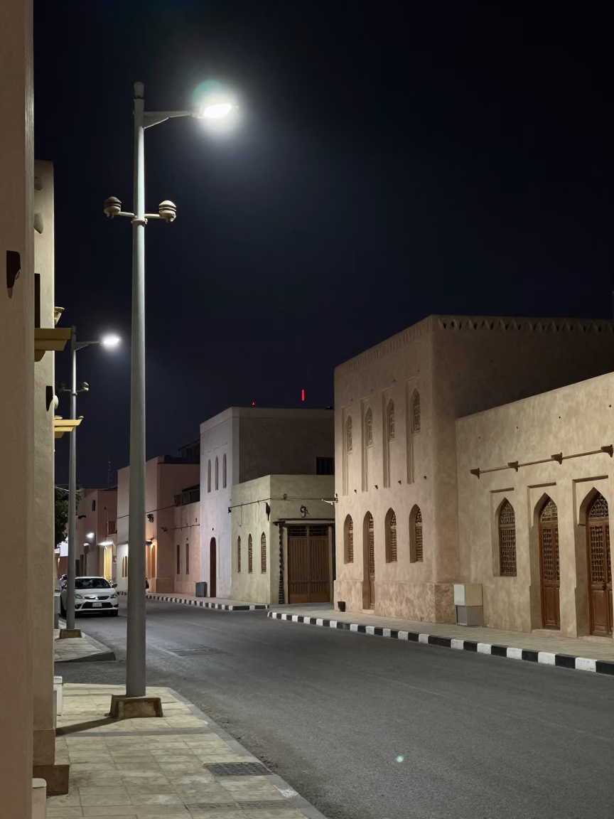 Muscat Night Street Scene with Substation Insulators and Traditional Architecture in in Muscat, Oman