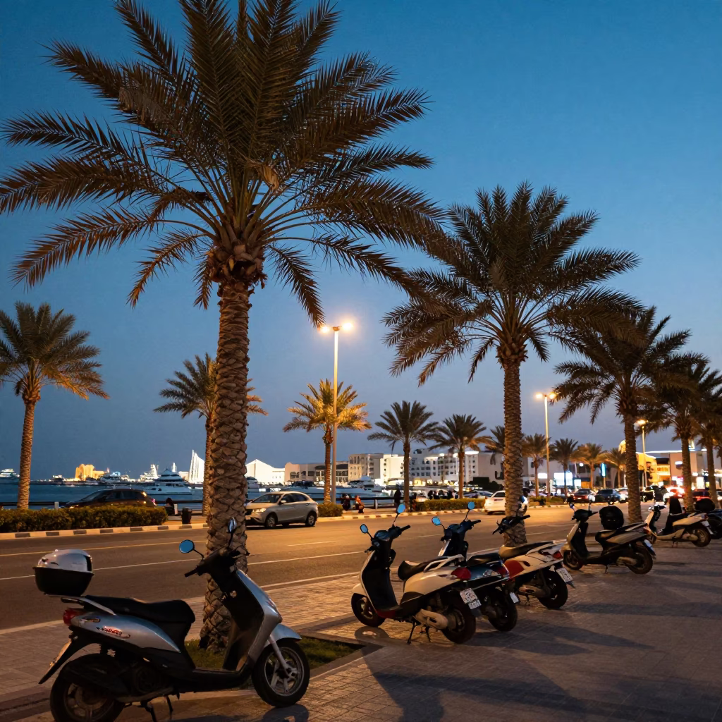Muscat Oman Blue Hour Harbor Promenade Palm Avenue and Parked Scooter in in Muscat, Oman