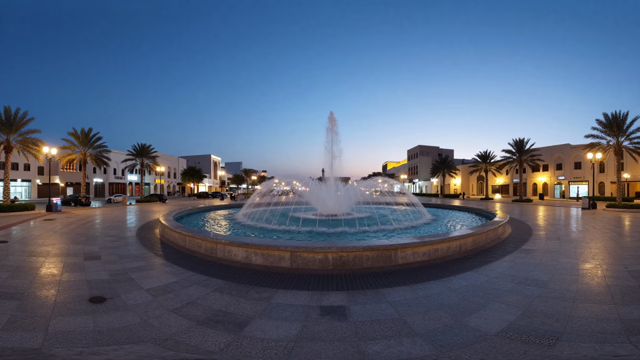 Muscat Oman Blue Hour Street Scene with Fountain Spray and Urban Lighting in in Muscat, Oman