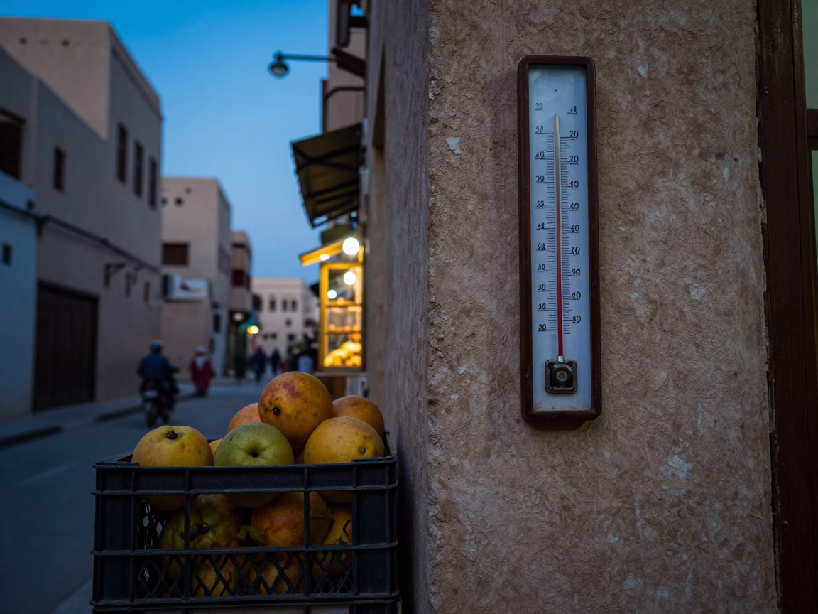 Muscat Oman Blue Hour Street Scene with Fruit Crate and Thermometer Detail in in Muscat, Oman
