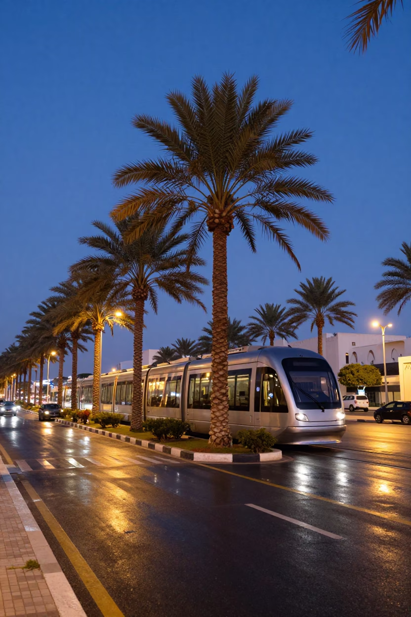 Muscat Oman Blue Hour Street Scene with Monorail and Palm Trees in in Muscat, Oman