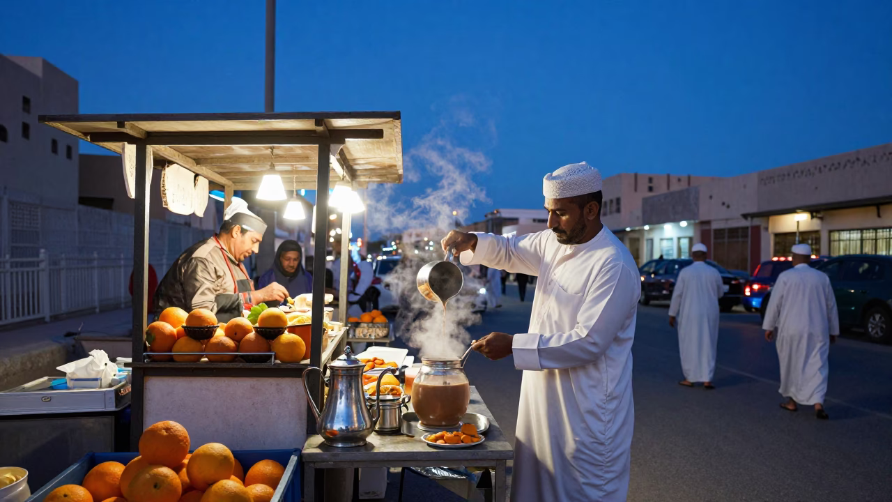 Muscat Oman Blue Hour Street Scene with Tea Canister and Oranges in in Muscat, Oman