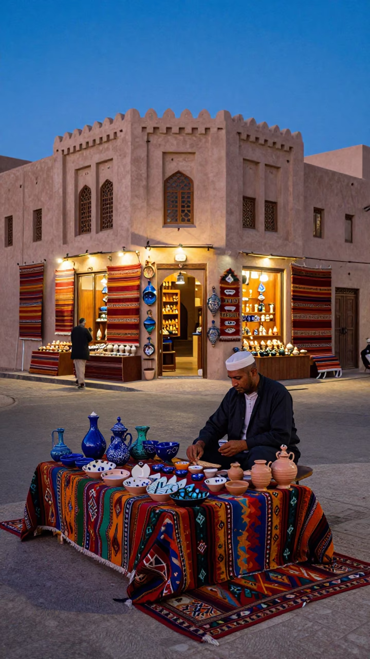 Muscat Oman Blue Hour Street Scene with Traditional Pottery and Colorful Rug in in Muscat, Oman