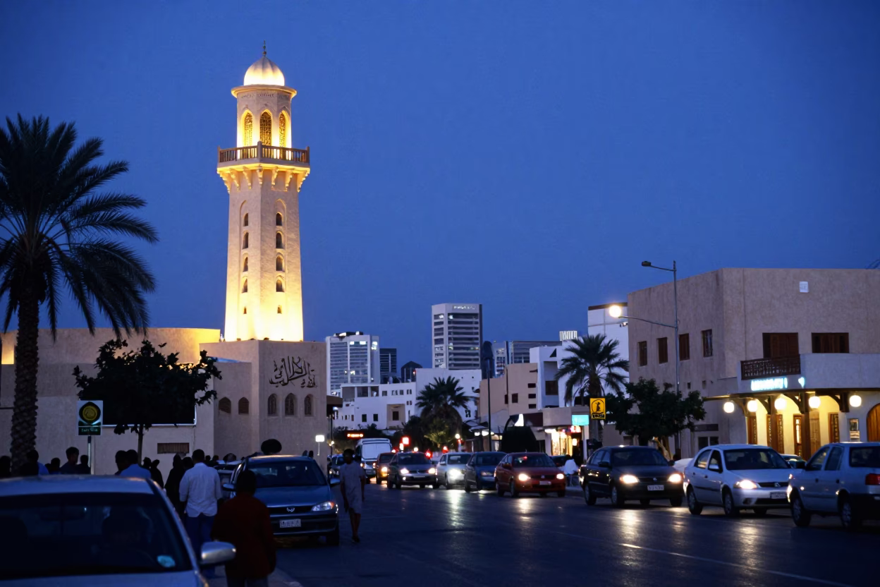 Muscat Oman Blue Hour Street Scene with Water Tower and Calligraphy Brushes in in Muscat, Oman