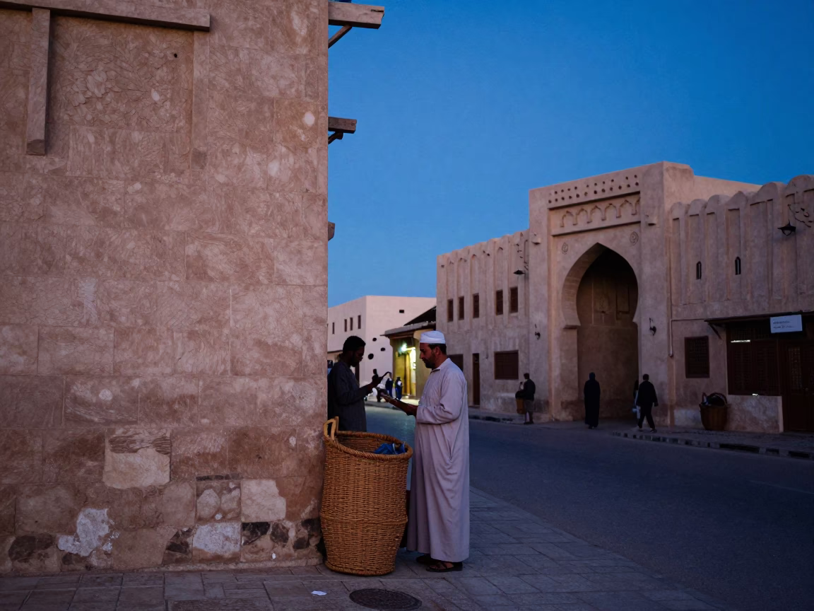 Muscat Oman Blue Hour Street Scene with Wicker Hamper and Local Vendor in in Muscat, Oman